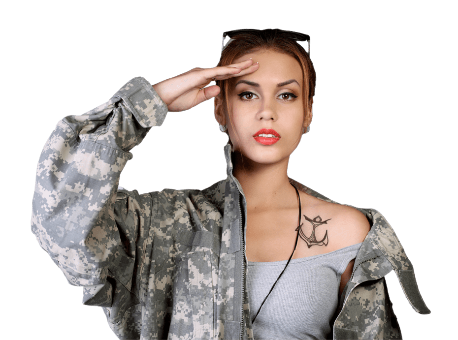 Girl in Camo Jacket Saluting with Shoulder Tattoo