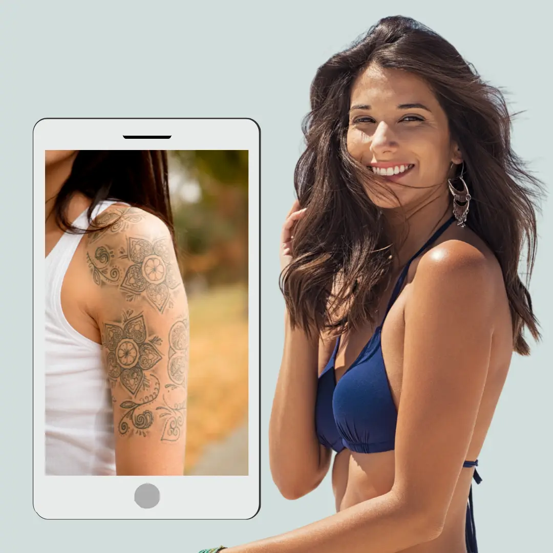 Woman holding a phone with a tattoo photo to request a tattoo removal quote from Eraditatt.