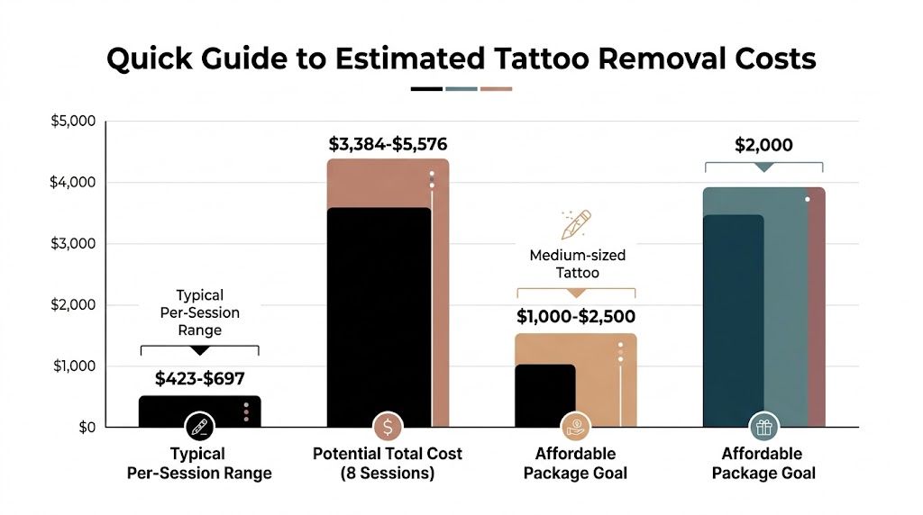 A chart showing estimated costs for laser tattoo removal, including session pricing and affordable package goals.