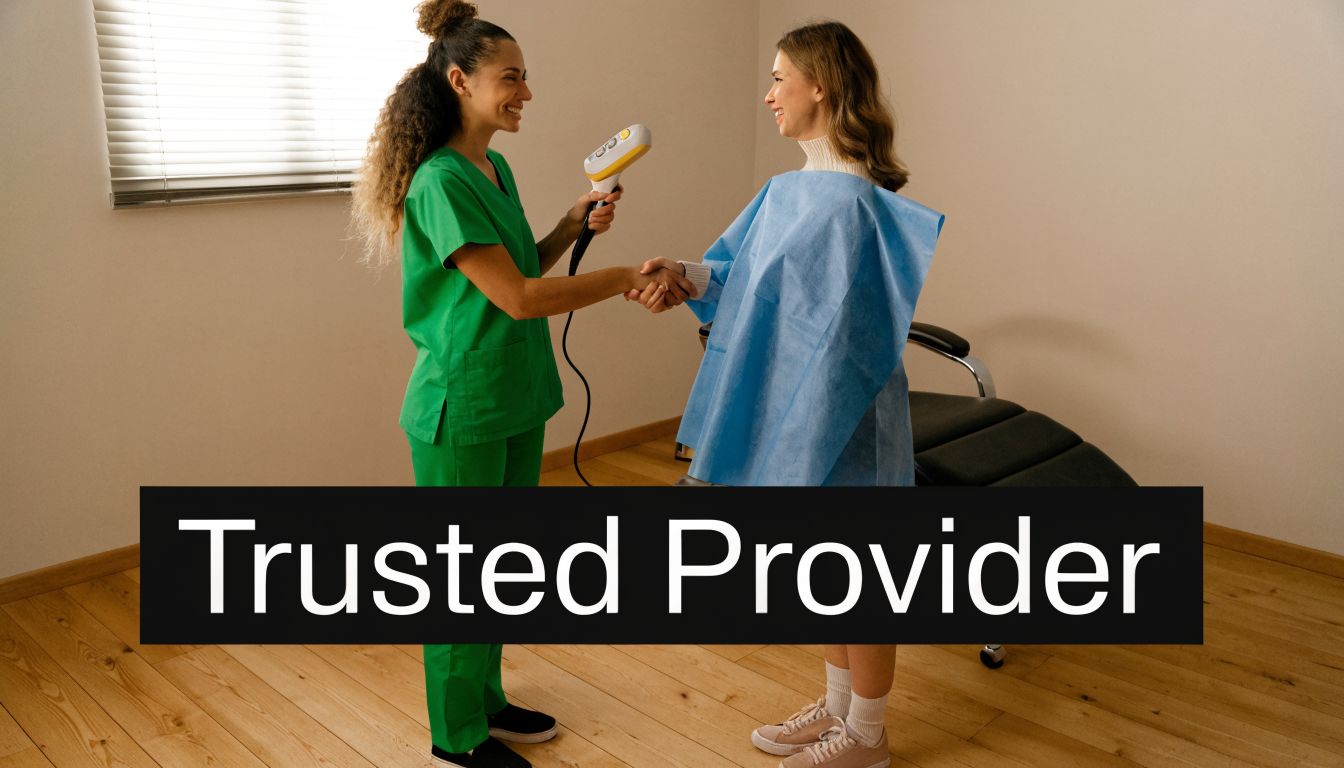 A professional provider in a green uniform shakes hands with a patient before a laser procedure.