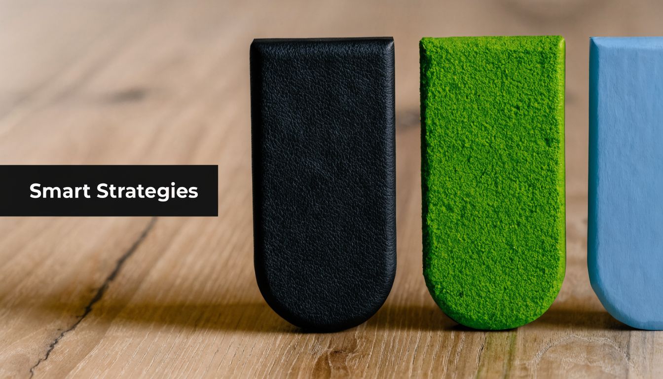 A close up view of three colorful, vertical, U-shaped objects standing on a natural wooden table surface.