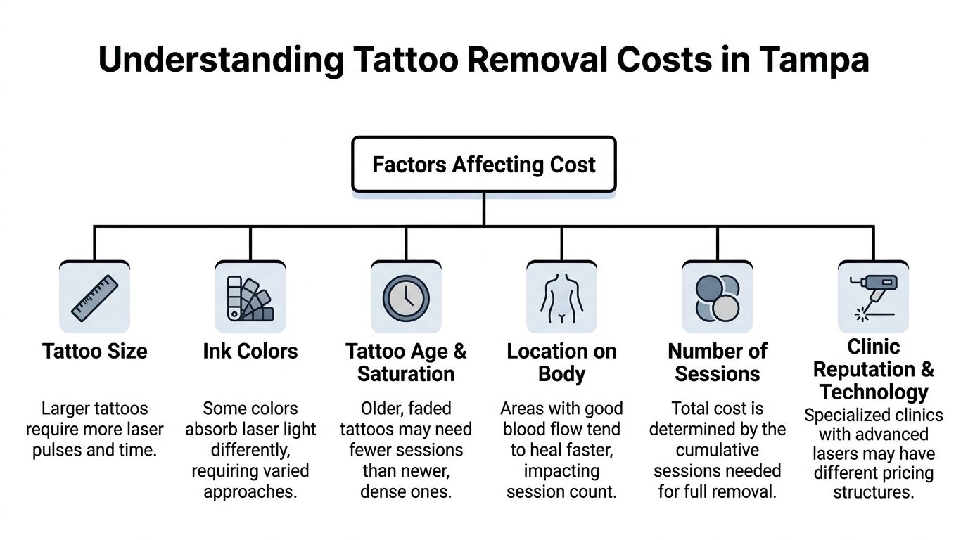 An infographic showing six key factors that affect the total cost of professional tattoo removal in Tampa.