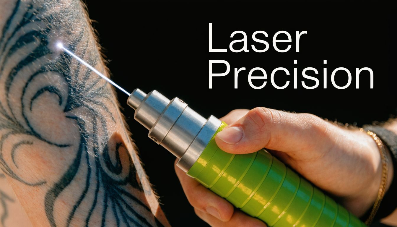 A professional laser tattoo removal device being used on an arm with a complex tribal tattoo design.