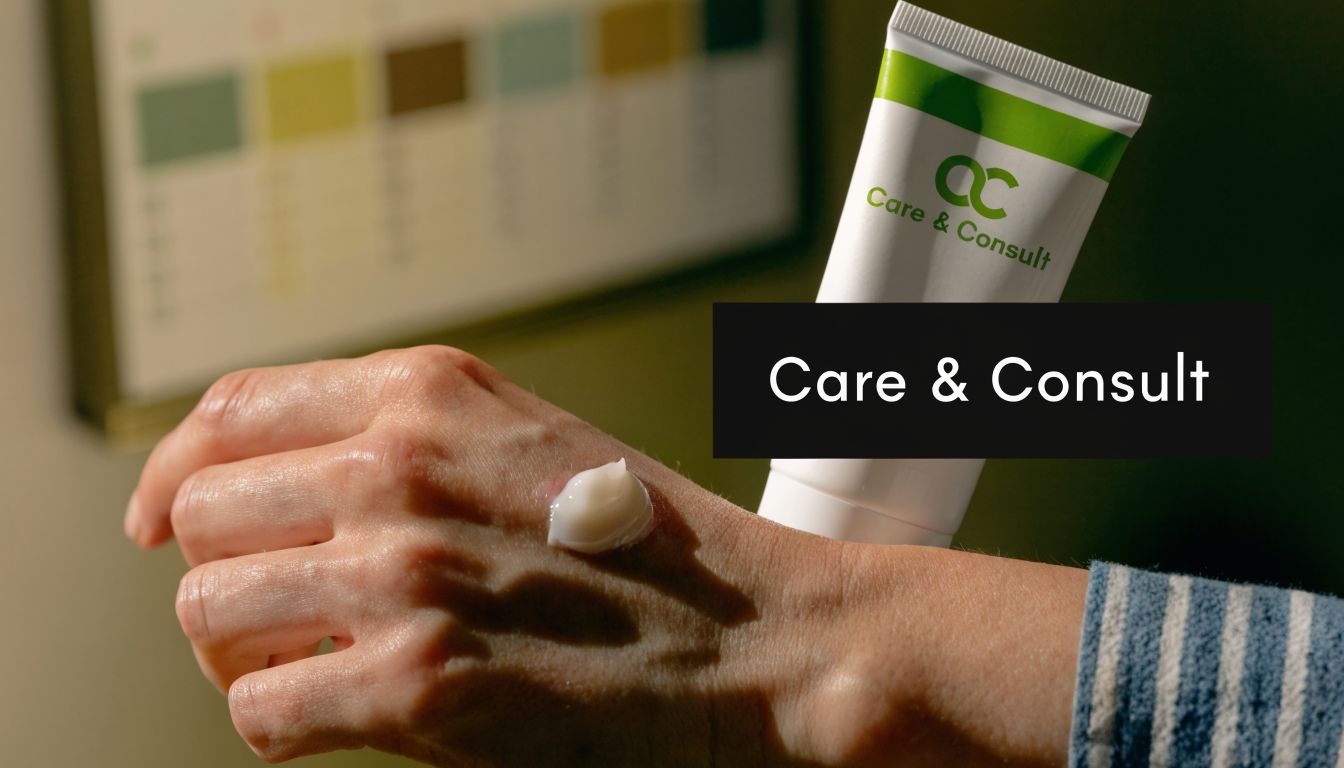 A hand holding a tube of Care & Consult skincare cream with a dollop of lotion on skin.