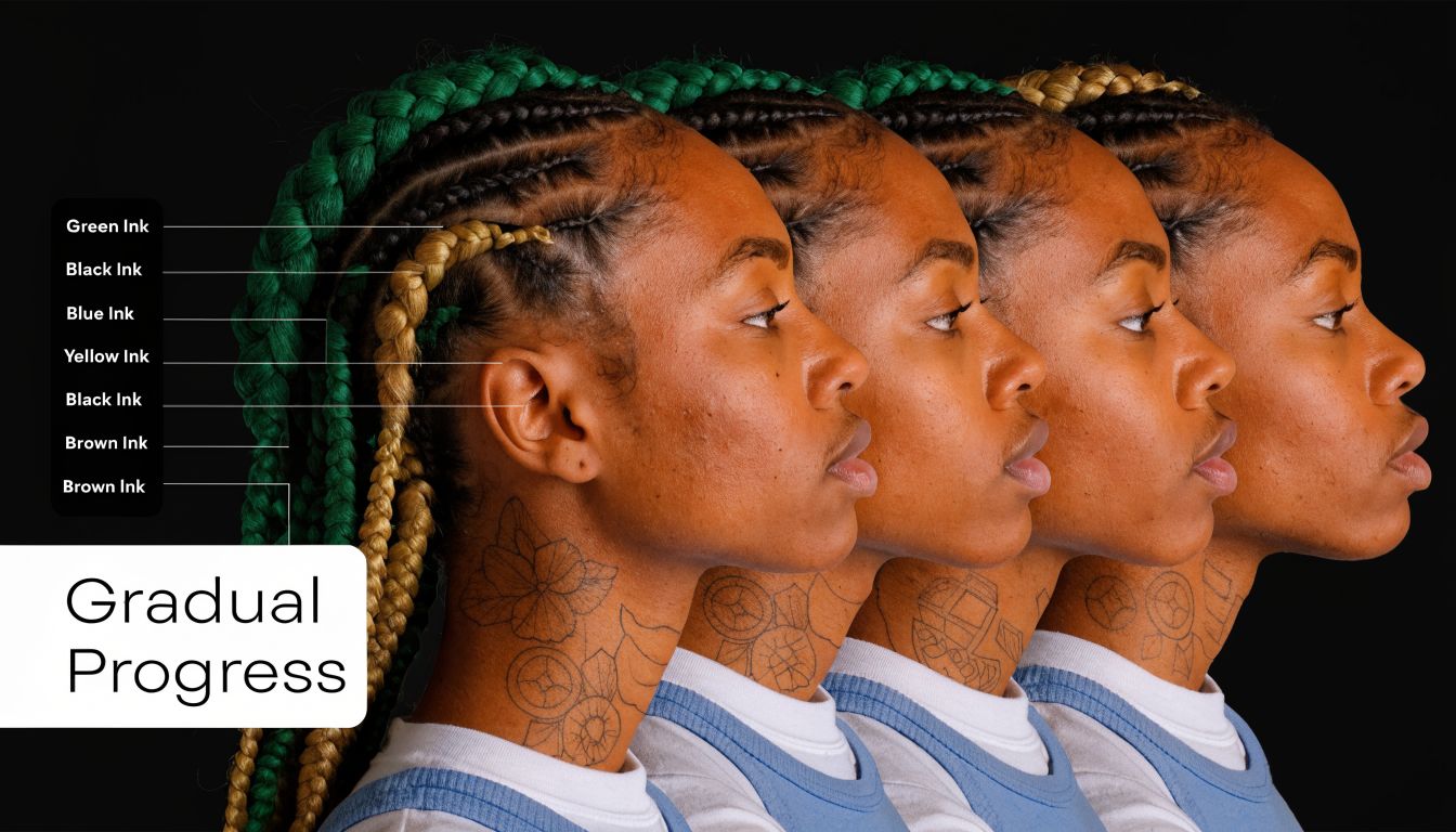 A person shown in four progressive stages of a tattoo cover up process on their neck.