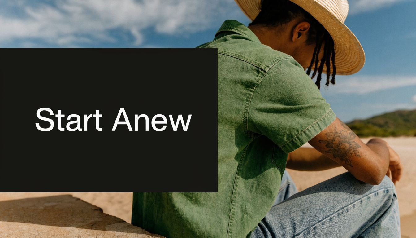 A person wearing a straw hat and green shirt sits on a beach with a visible floral tattoo.