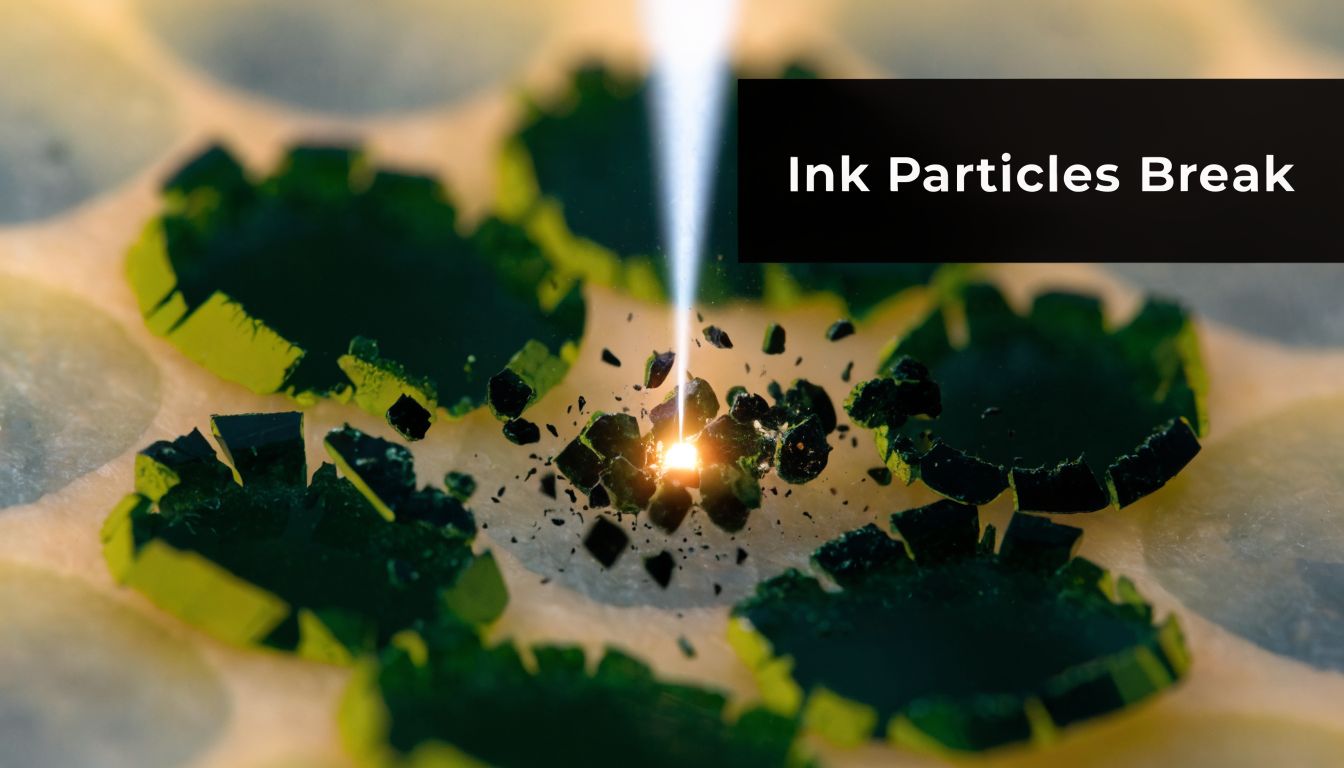 A microscopic view of a laser beam breaking down tattoo ink particles within skin tissue.