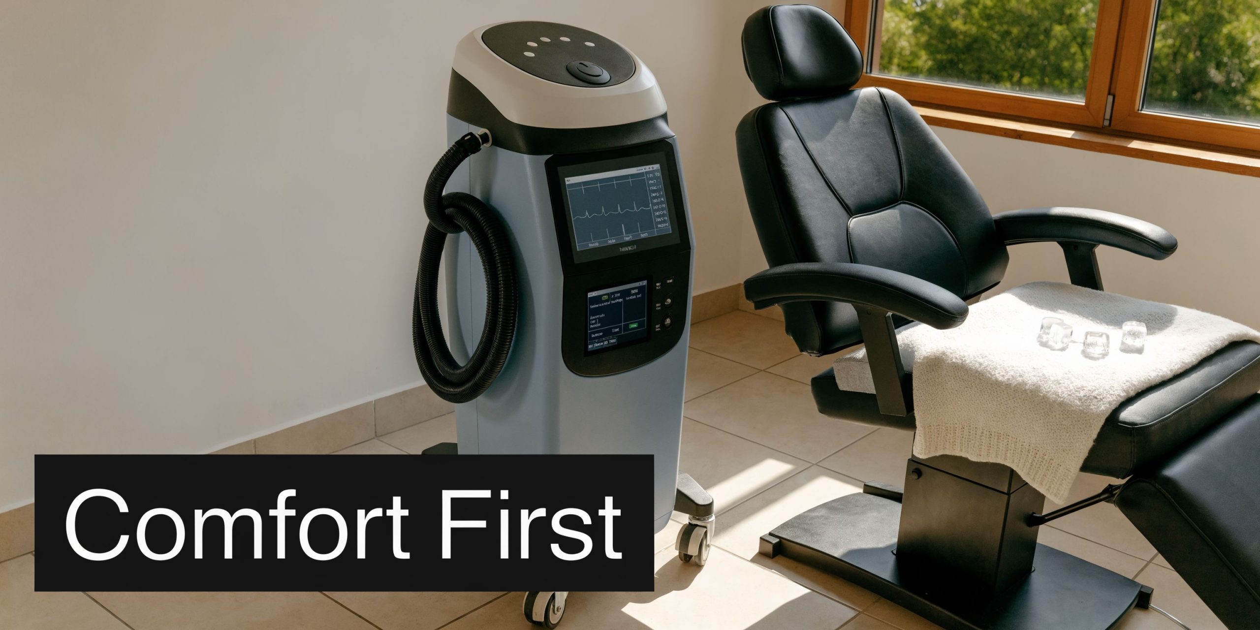 A professional laser machine and medical chair in a clinical setting for laser tattoo removal procedures.