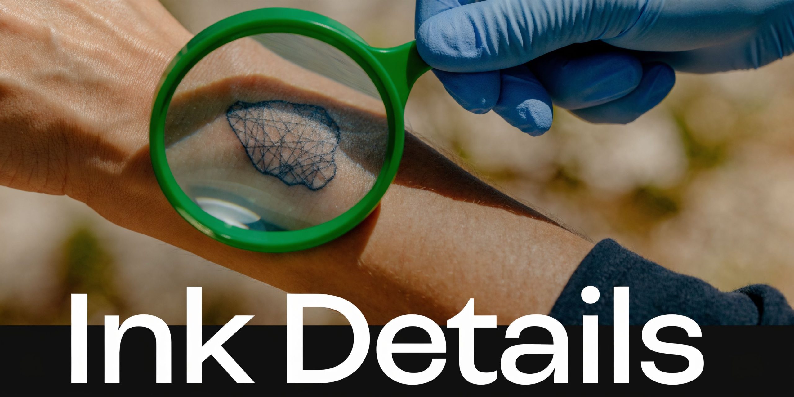 A gloved hand uses a magnifying glass to closely examine a small stick and poke tattoo.