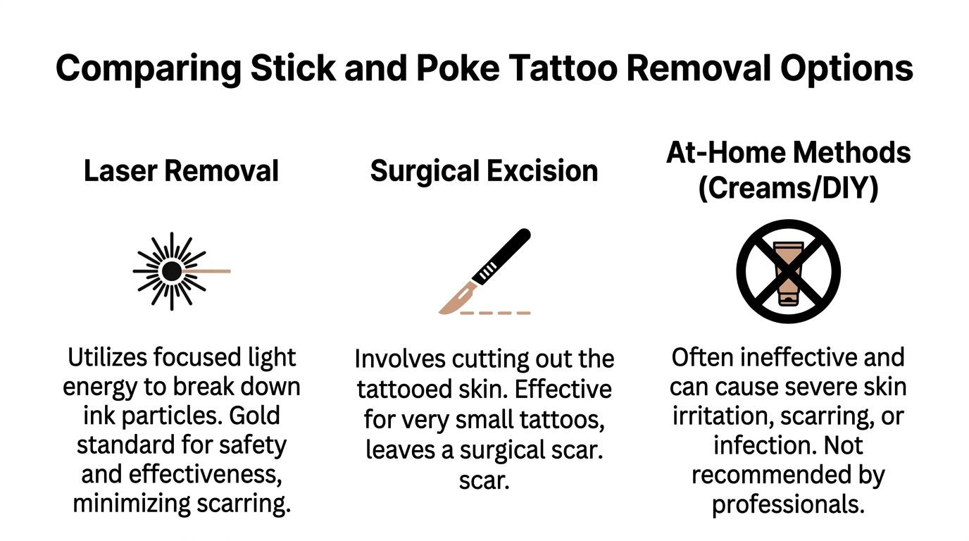 A comparison chart outlining three methods for stick and poke tattoo removal: laser, surgical, and at-home.