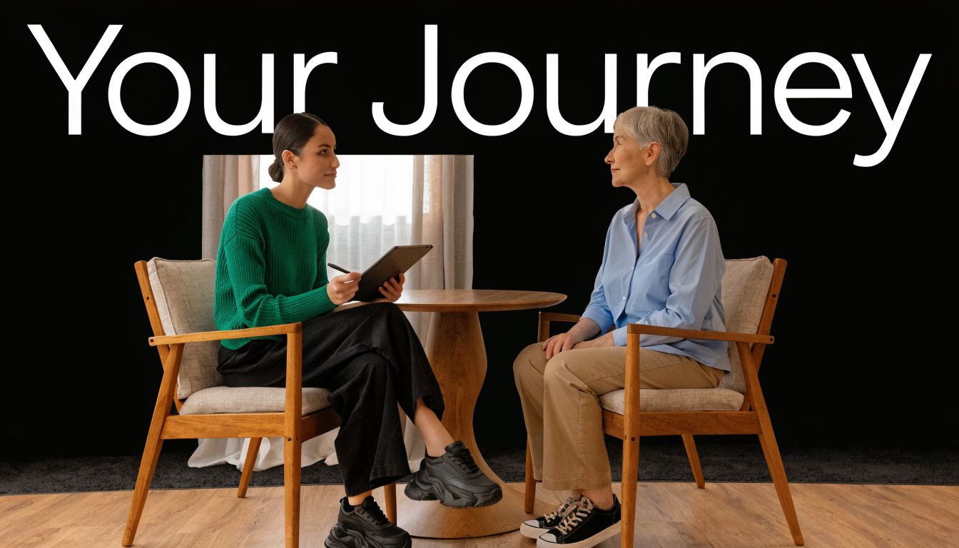 A professional counselor consulting with an elderly woman in a comfortable meeting space about their personal journey.