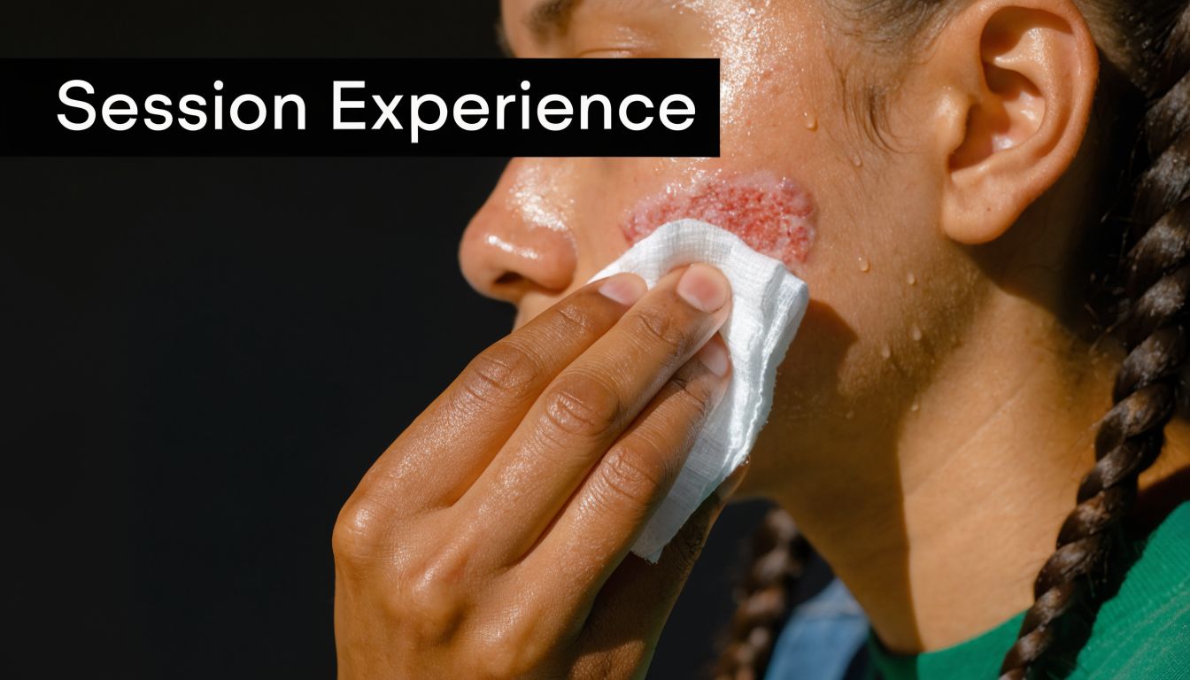 A close-up view of a person using a gauze pad to clean a healing skin area on their cheek.