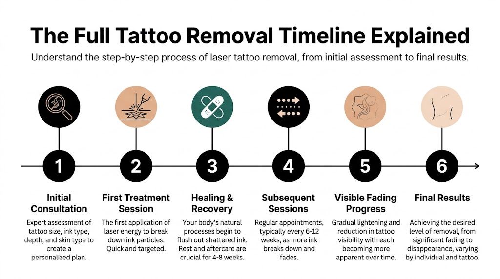 A six-step infographic explaining the tattoo removal process from initial consultation to the final result.