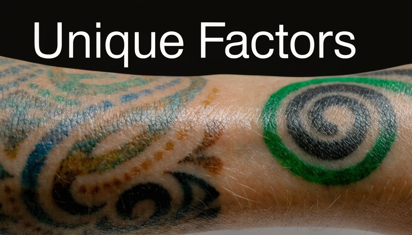 Close-up of a human forearm featuring colorful, faded tattoos on skin with dark background.