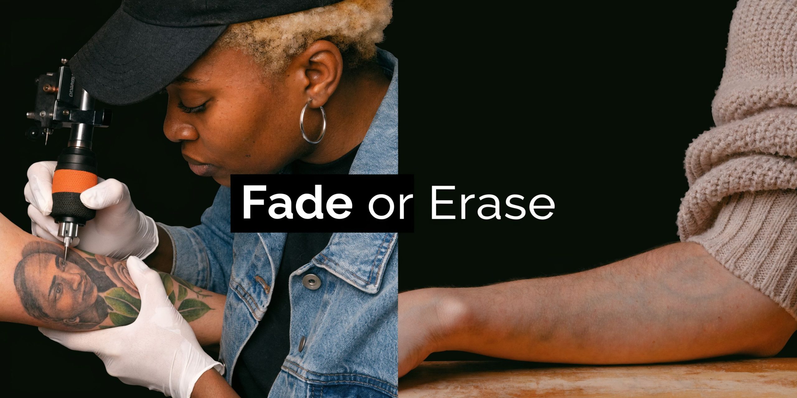 A split image contrasting an artist tattooing a portrait on skin with a faded arm after removal.