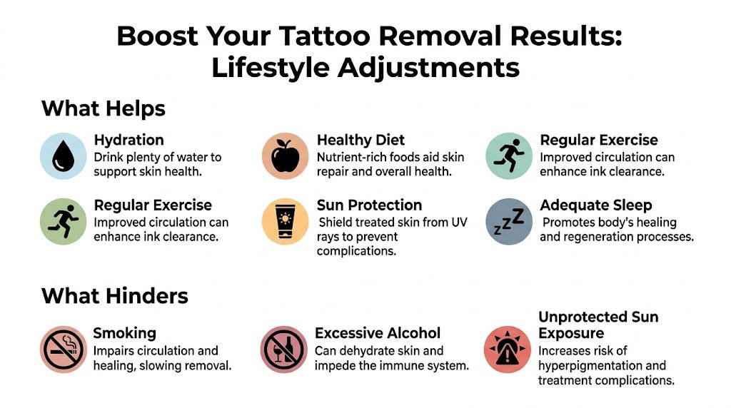 An infographic titled Boost Your Tattoo Removal Results showing lifestyle tips like hydration, diet, and avoiding smoking.