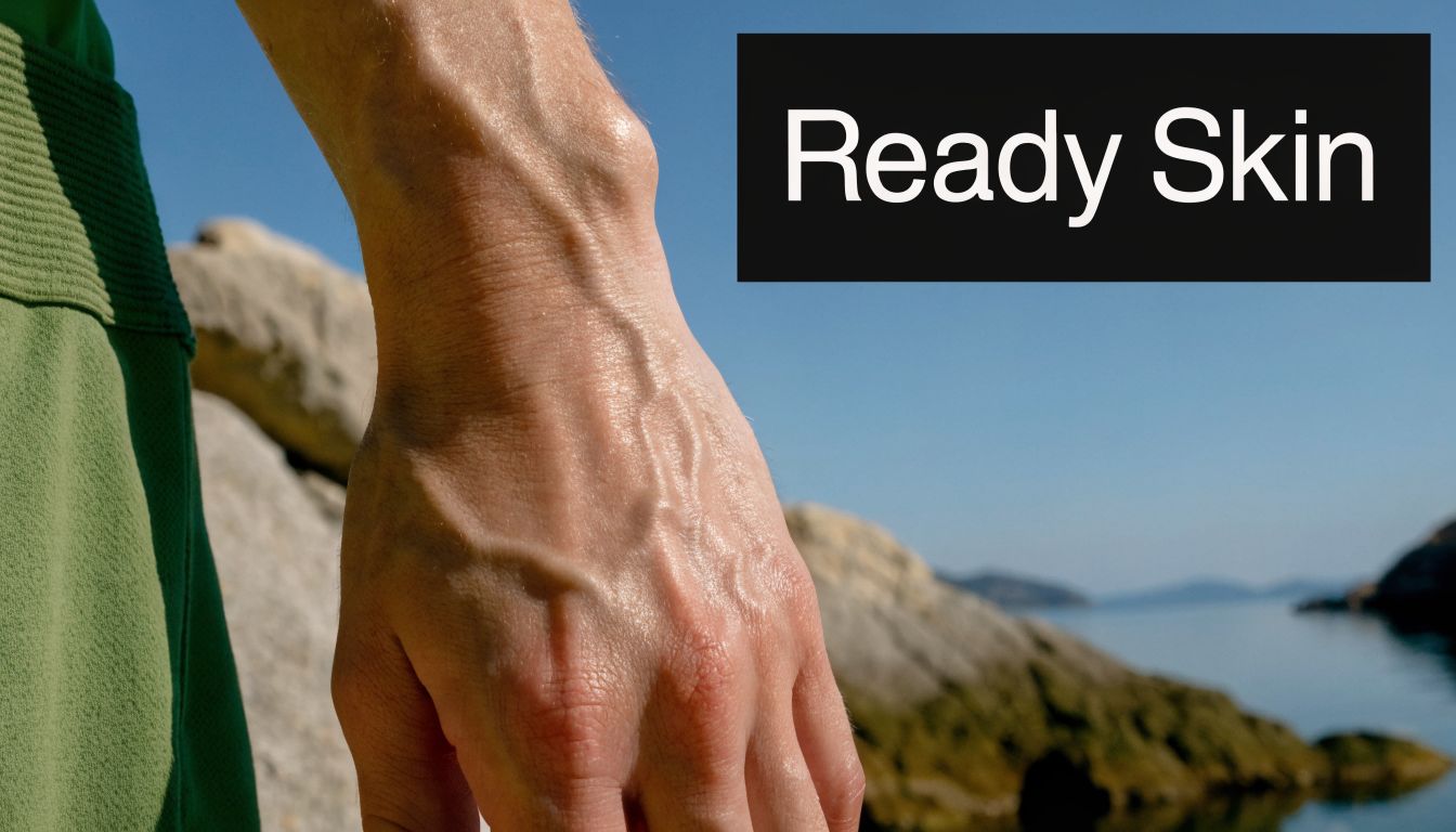 A close-up view of a human hand and wrist showing visible veins against a coastal background.