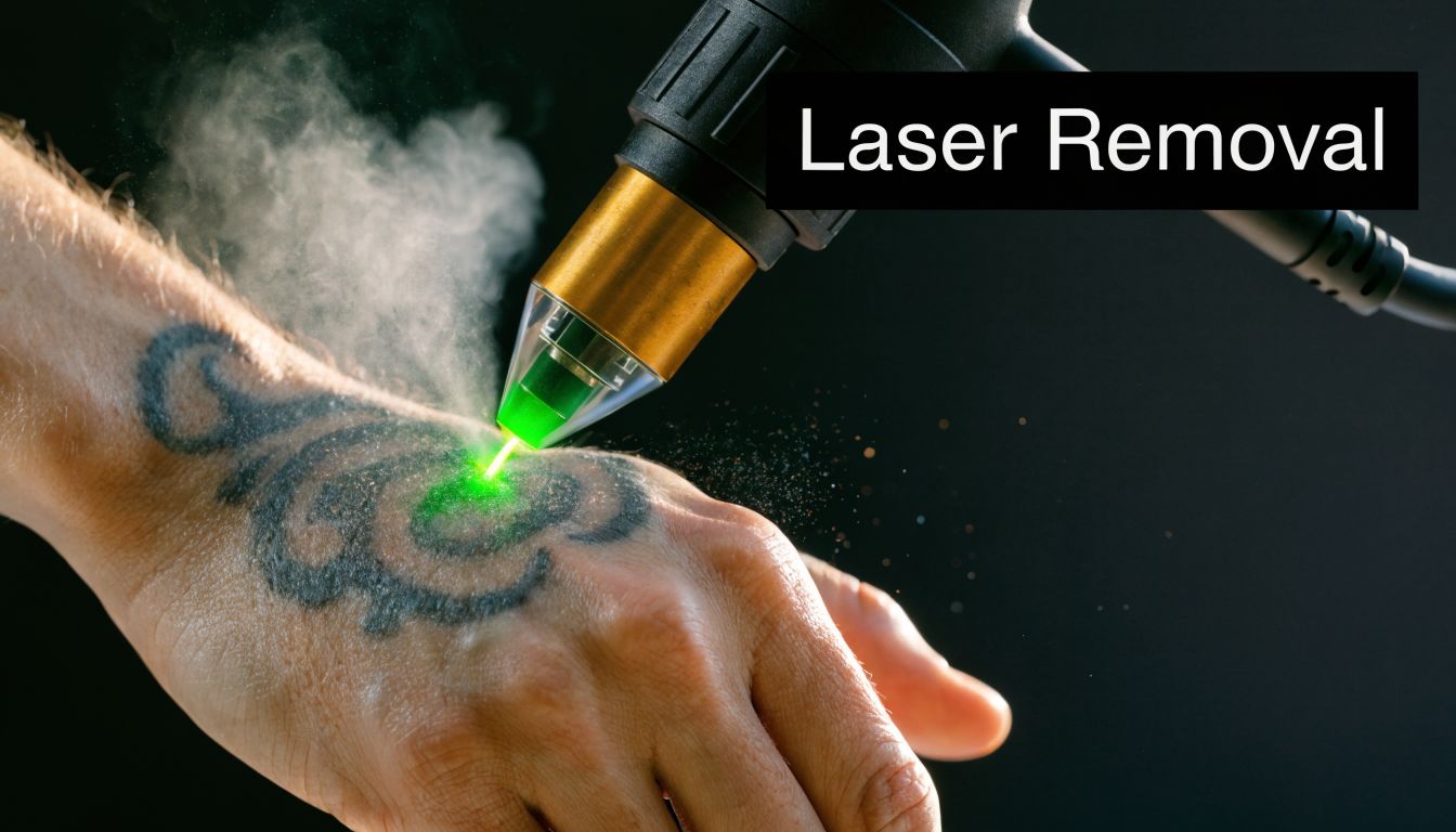 A professional laser device removing a tattoo from a person's hand with visible smoke rising.