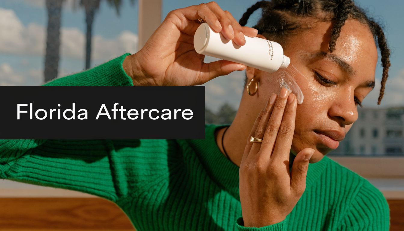 A person with braided hair applying a white lotion on their cheek during a skincare routine.