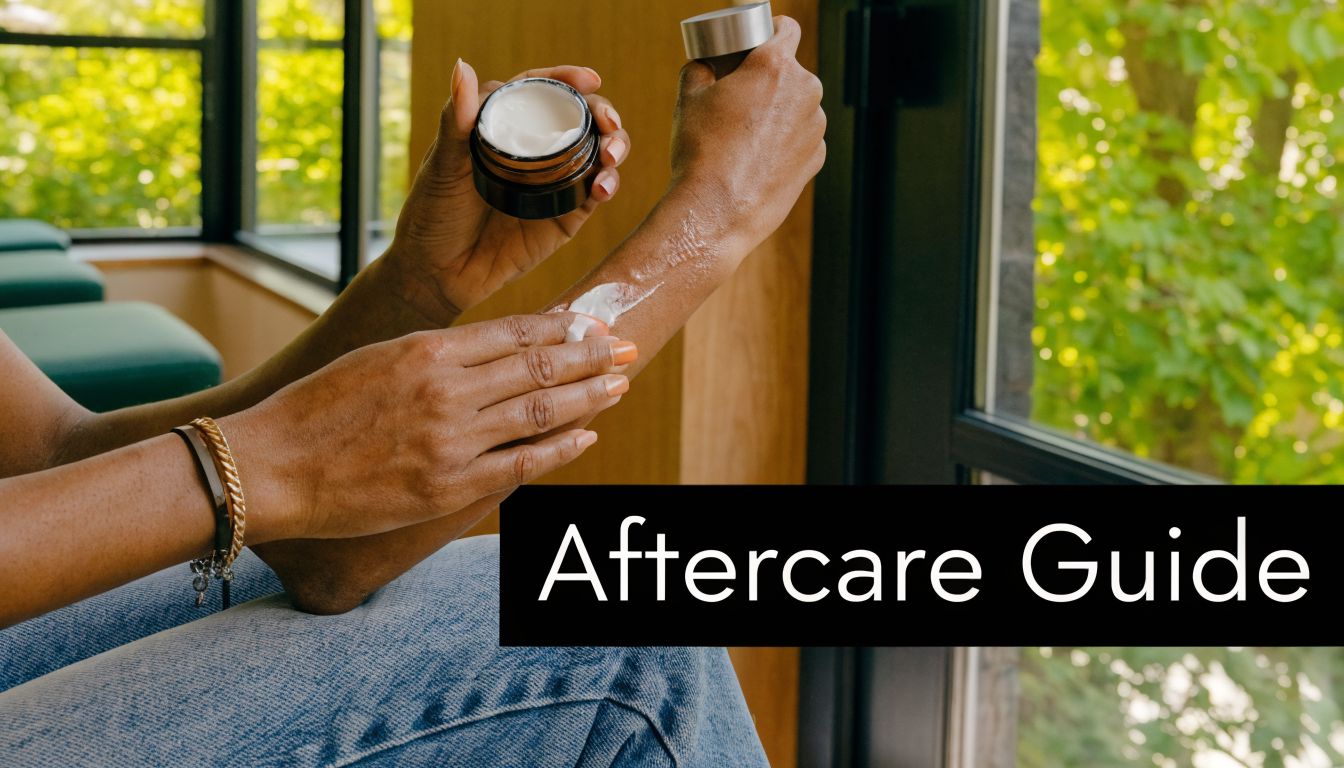 A person applying moisturizing cream to their arm after a laser tattoo removal treatment session.
