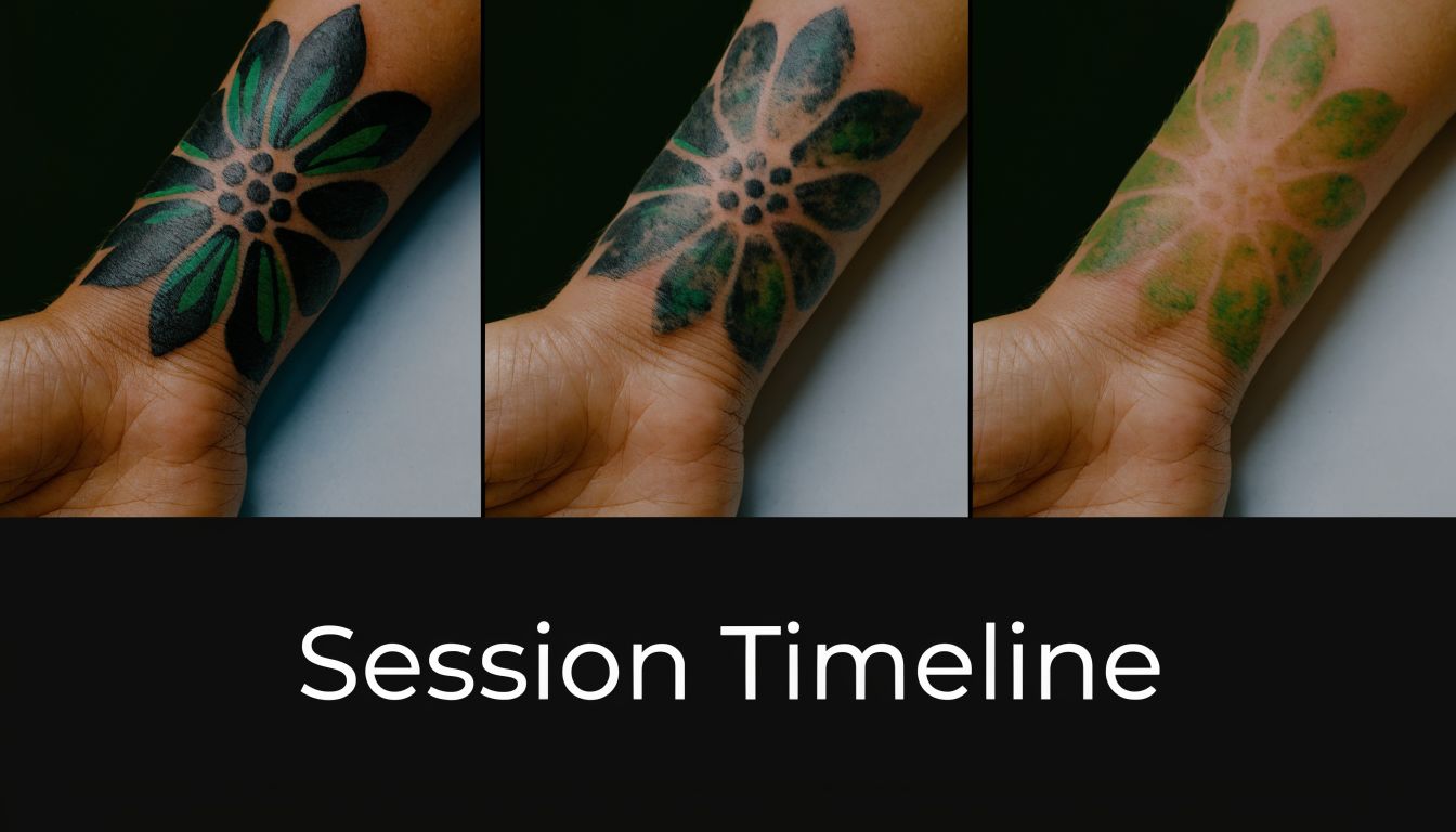 A progress timeline showing a tattoo on a wrist being removed over multiple laser treatment sessions.
