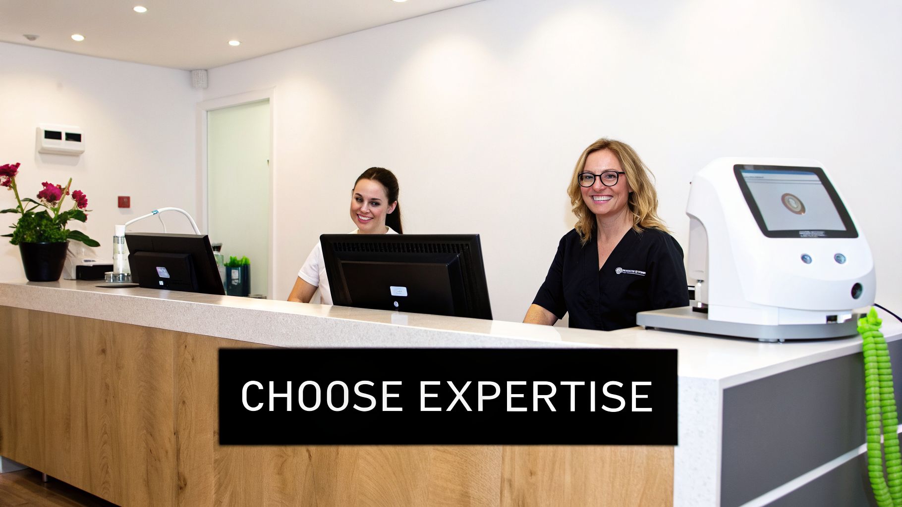 Two friendly women smiling behind a modern reception desk with office equipment and a medical device.