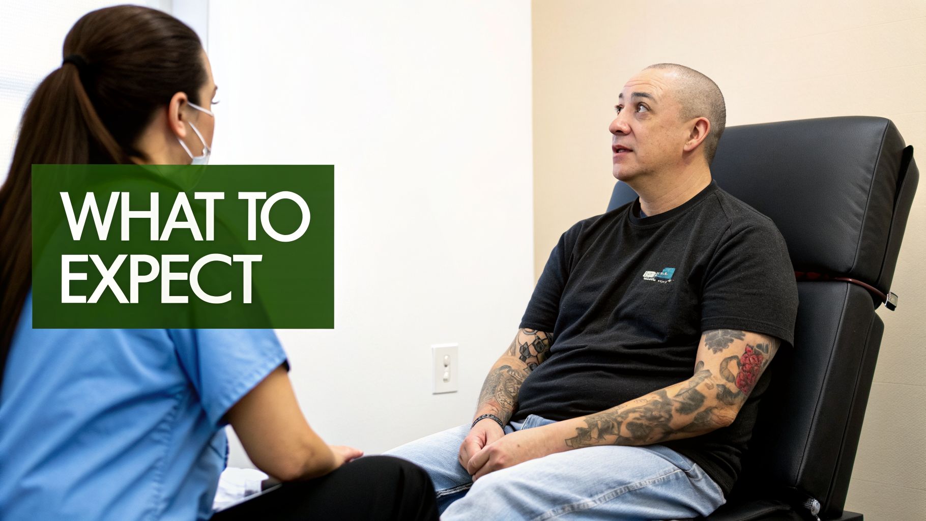A man with tattoos sits in a medical chair, conversing with a masked healthcare worker, with 'WHAT TO EXPECT' overlay.