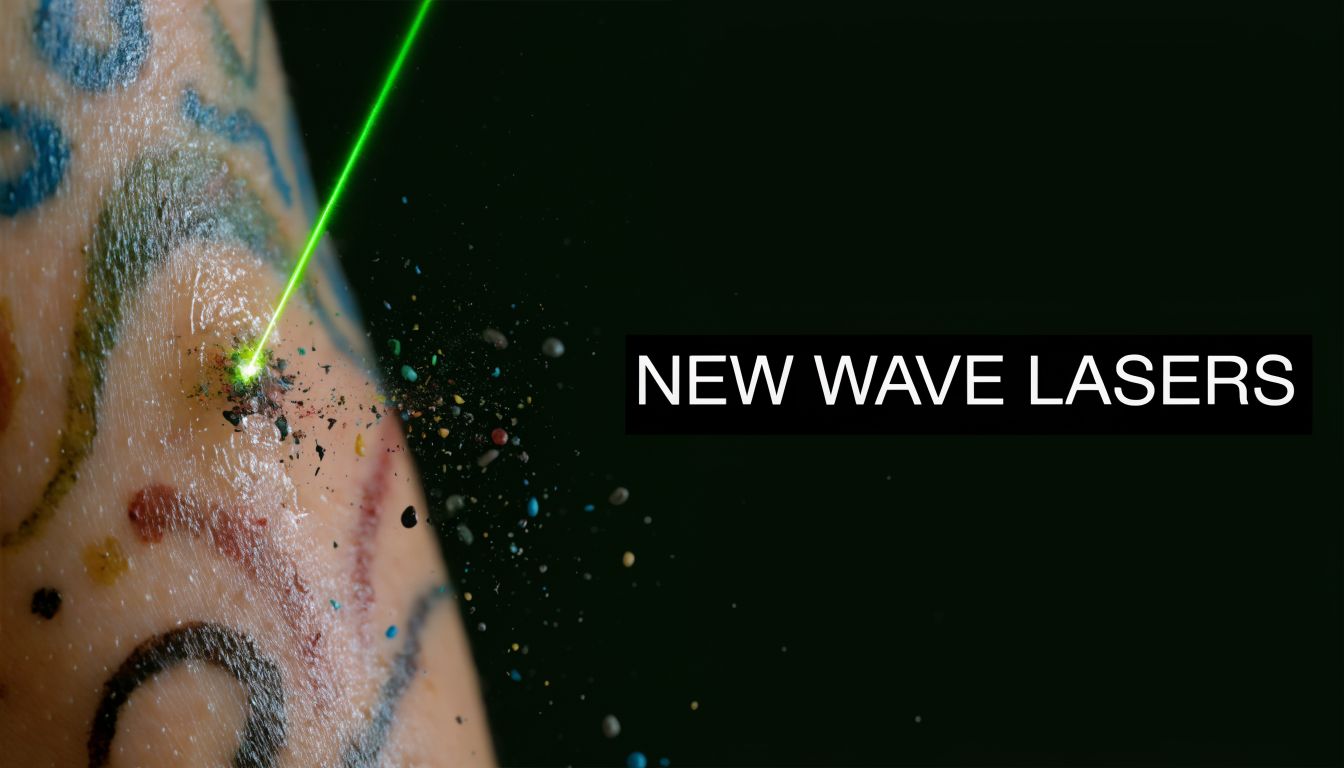A close-up view of a green laser removing a colorful tattoo from skin with visible ink particles.