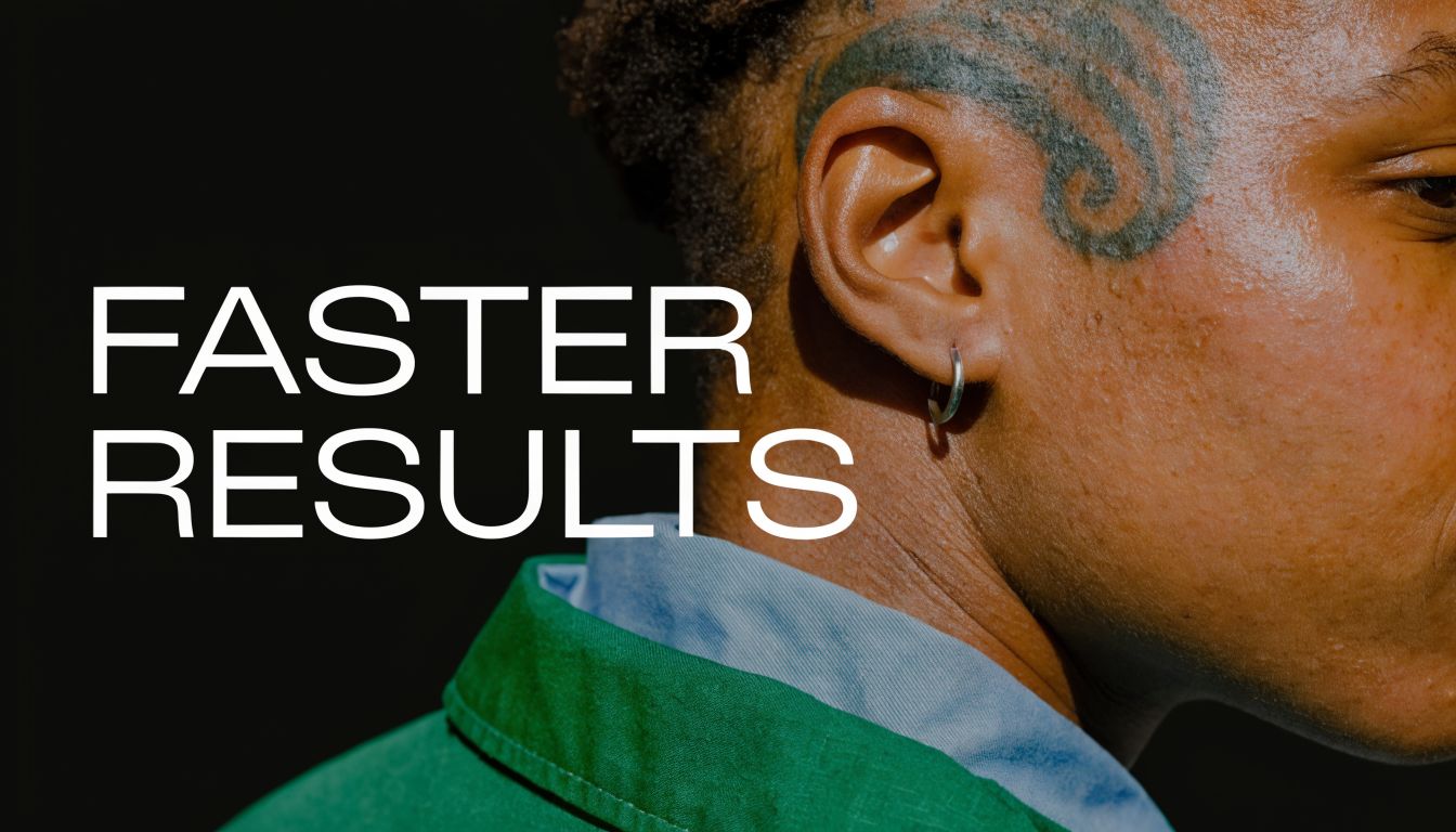 A close-up of a person with a patterned tattoo near their ear next to white text.