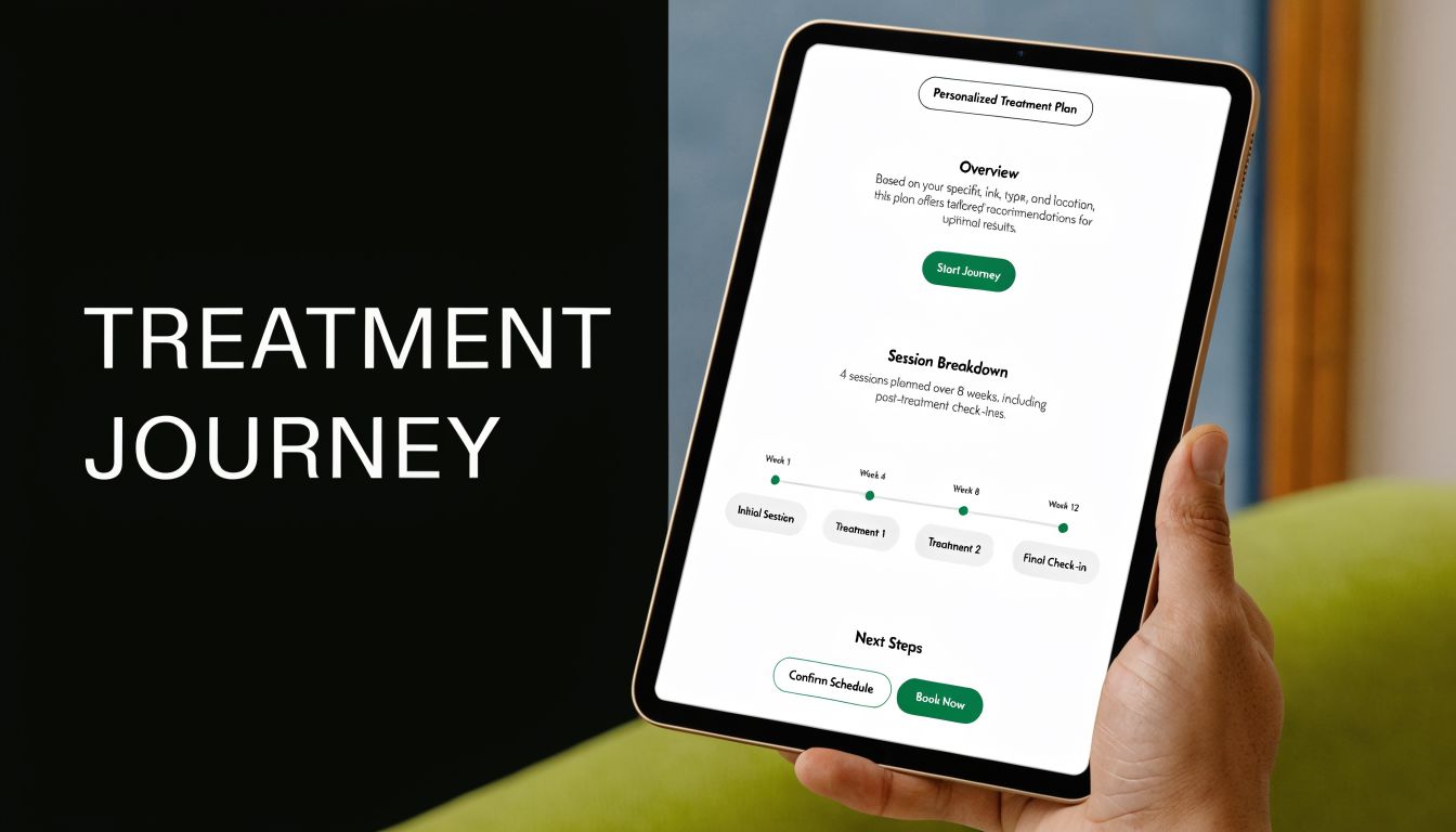 A person holding a tablet displaying a personalized tattoo removal treatment plan and schedule.