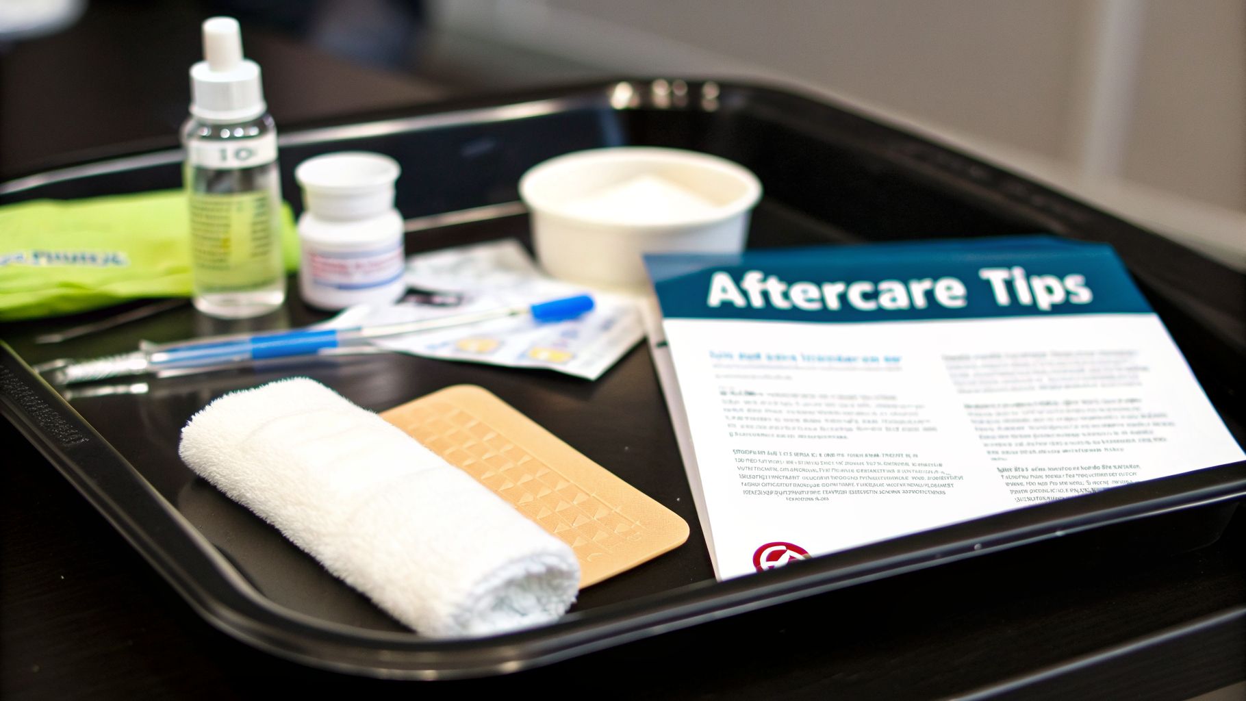 Tray with aftercare supplies, including solution, cream, towel, and 'Aftercare Tips' pamphlet.