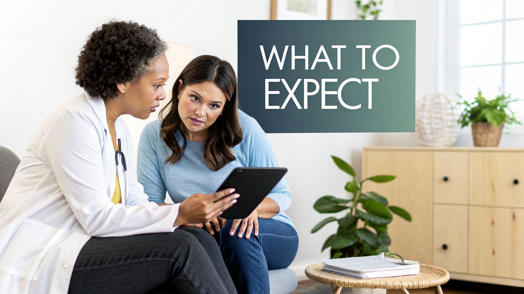 A doctor in a white coat shows a tablet to a patient, discussing 'WHAT TO EXPECT'.