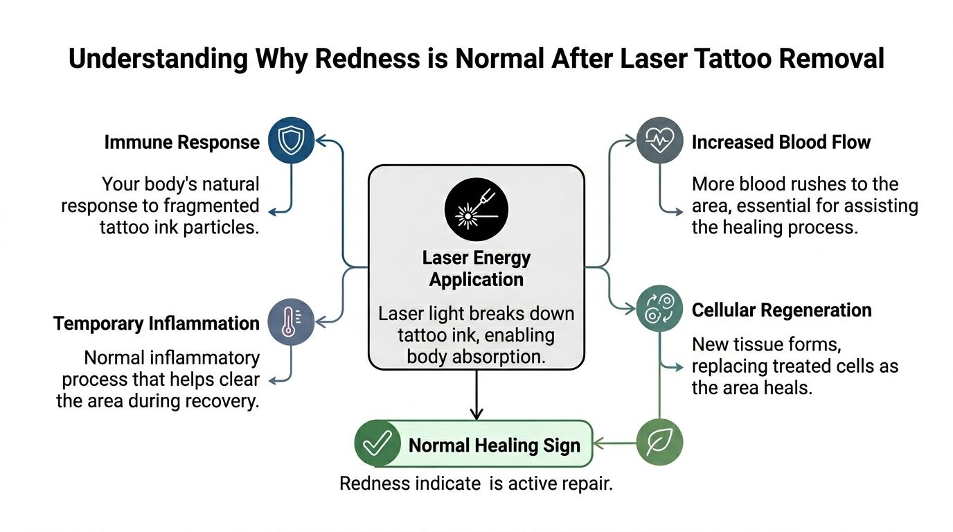 A diagram explaining why skin redness is a normal healing sign following laser tattoo removal treatments.