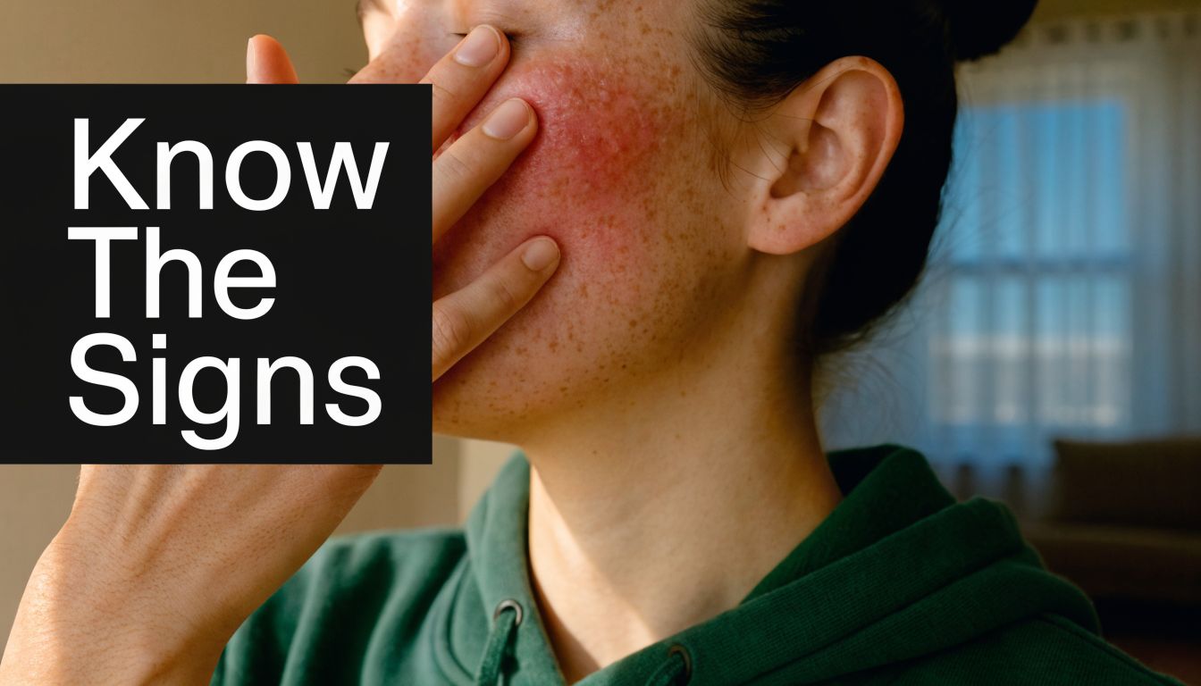A close-up of a person touching their face, showing noticeable skin redness and irritation on their cheek.