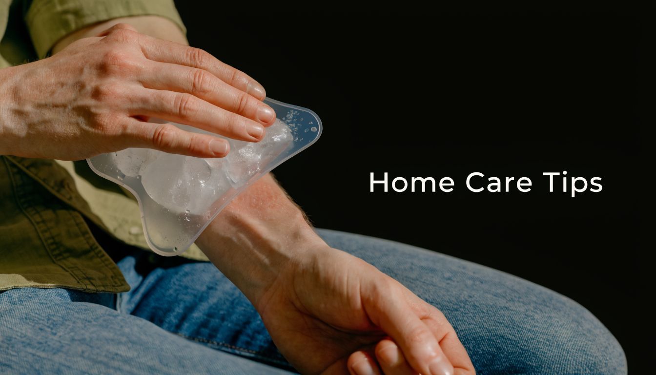A person applying an ice pack to their arm to soothe skin redness after laser tattoo removal.