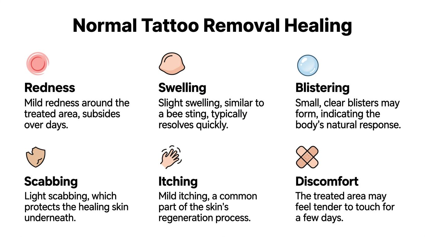 An infographic showing six common and normal side effects of tattoo removal, including redness, swelling, and scabbing.