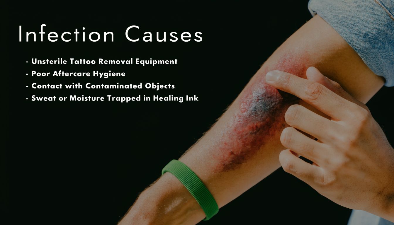 A close-up view of a person's inflamed, irritated forearm showing signs of infection after laser tattoo removal.