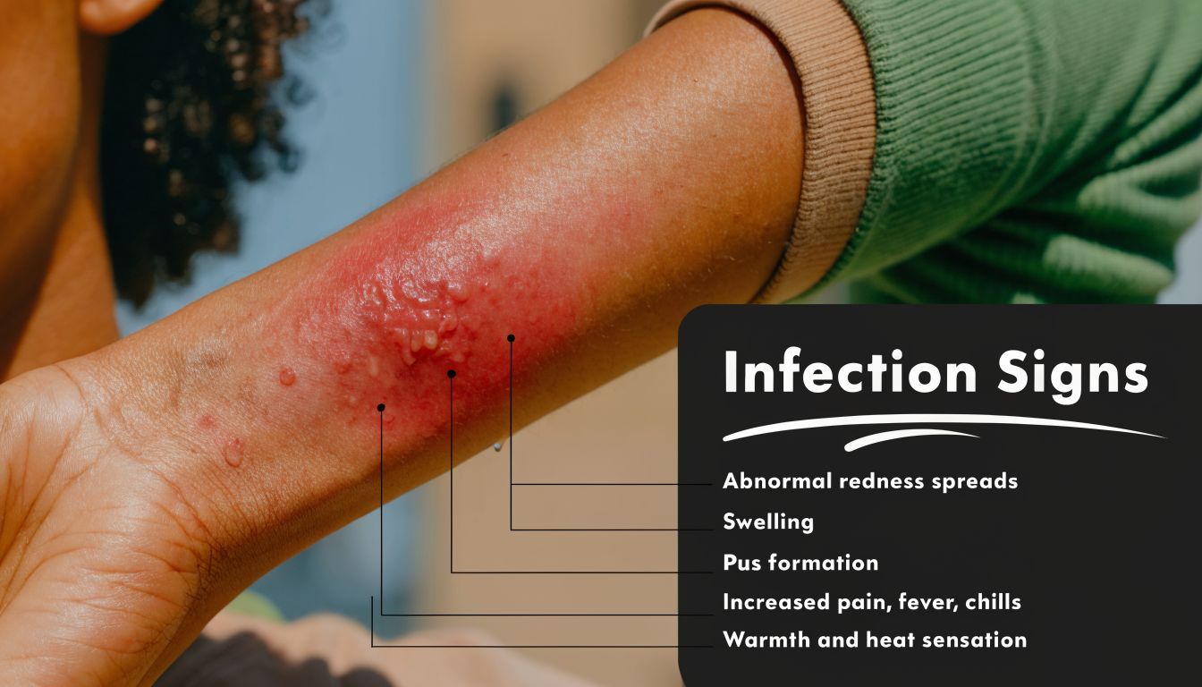 A close-up view of an arm showing signs of skin infection, including redness, inflammation, and blistering.