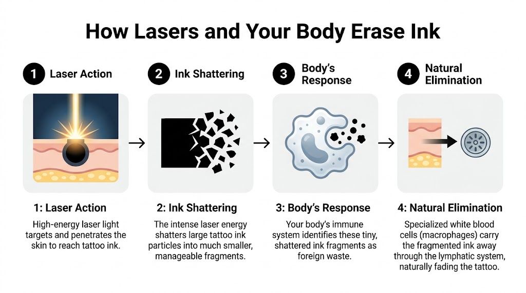 A four-step infographic illustrating how laser treatment breaks down tattoo ink for natural body removal.