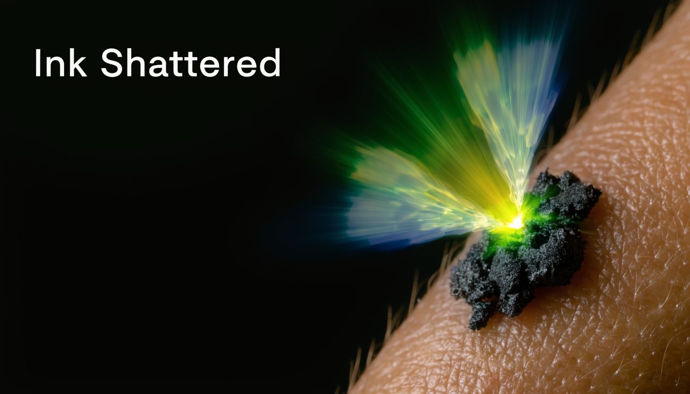A close-up view of a laser removing black tattoo ink from a person's skin with light.