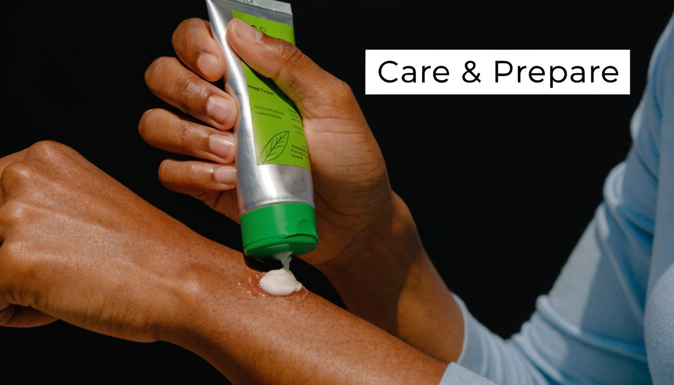 A person applying soothing cream from a tube onto their arm to care for their skin.