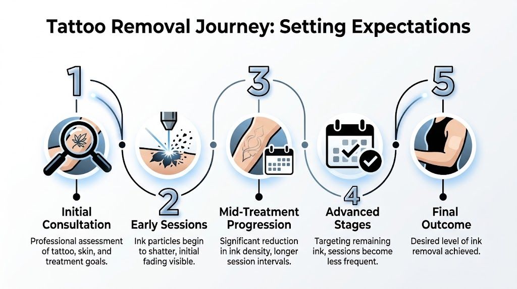 A five-step infographic illustrating the tattoo removal process from initial consultation to the final achieved outcome.