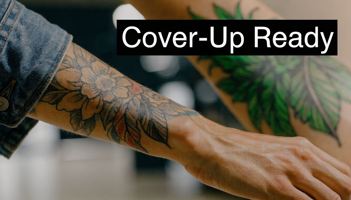 A close-up shot of a tattooed arm being evaluated, highlighting the need for tattoo removal services.