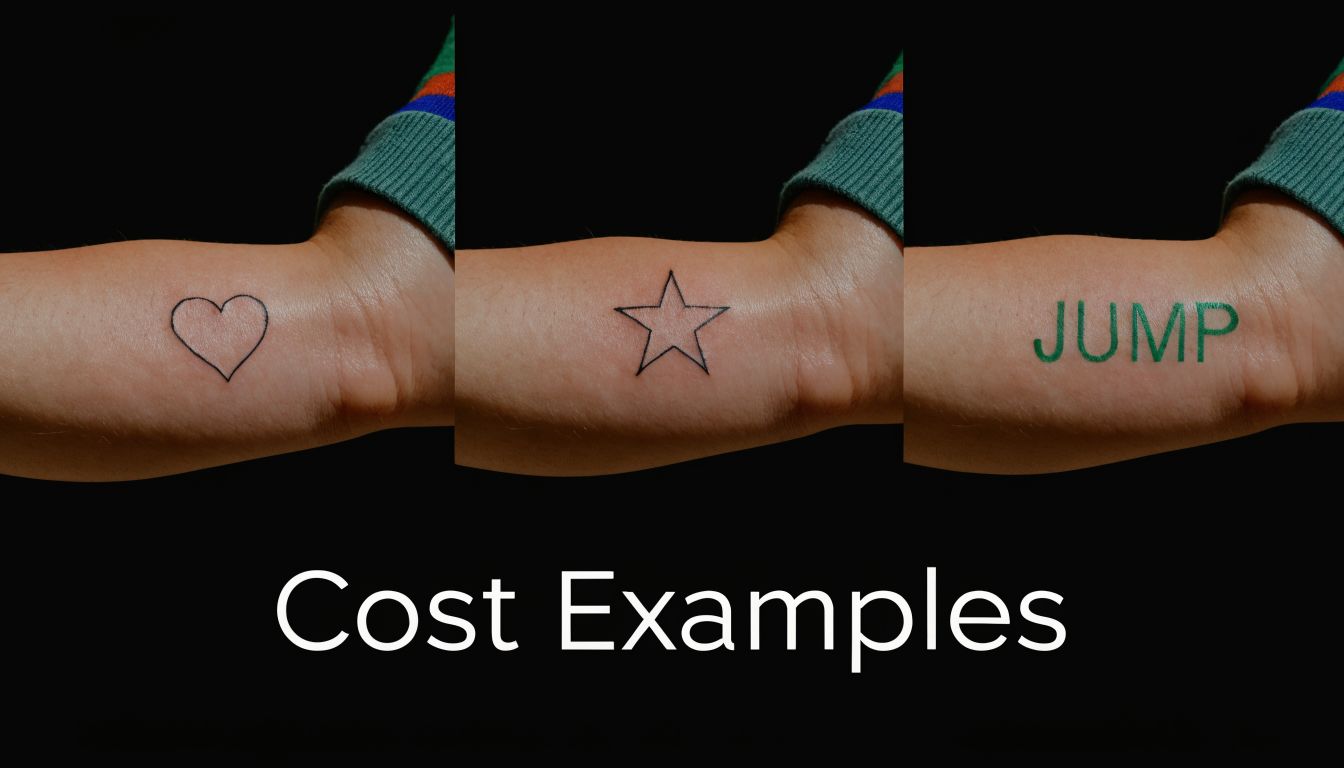 A photo showing examples of different tattoo designs on a person's forearm with the text Cost Examples.