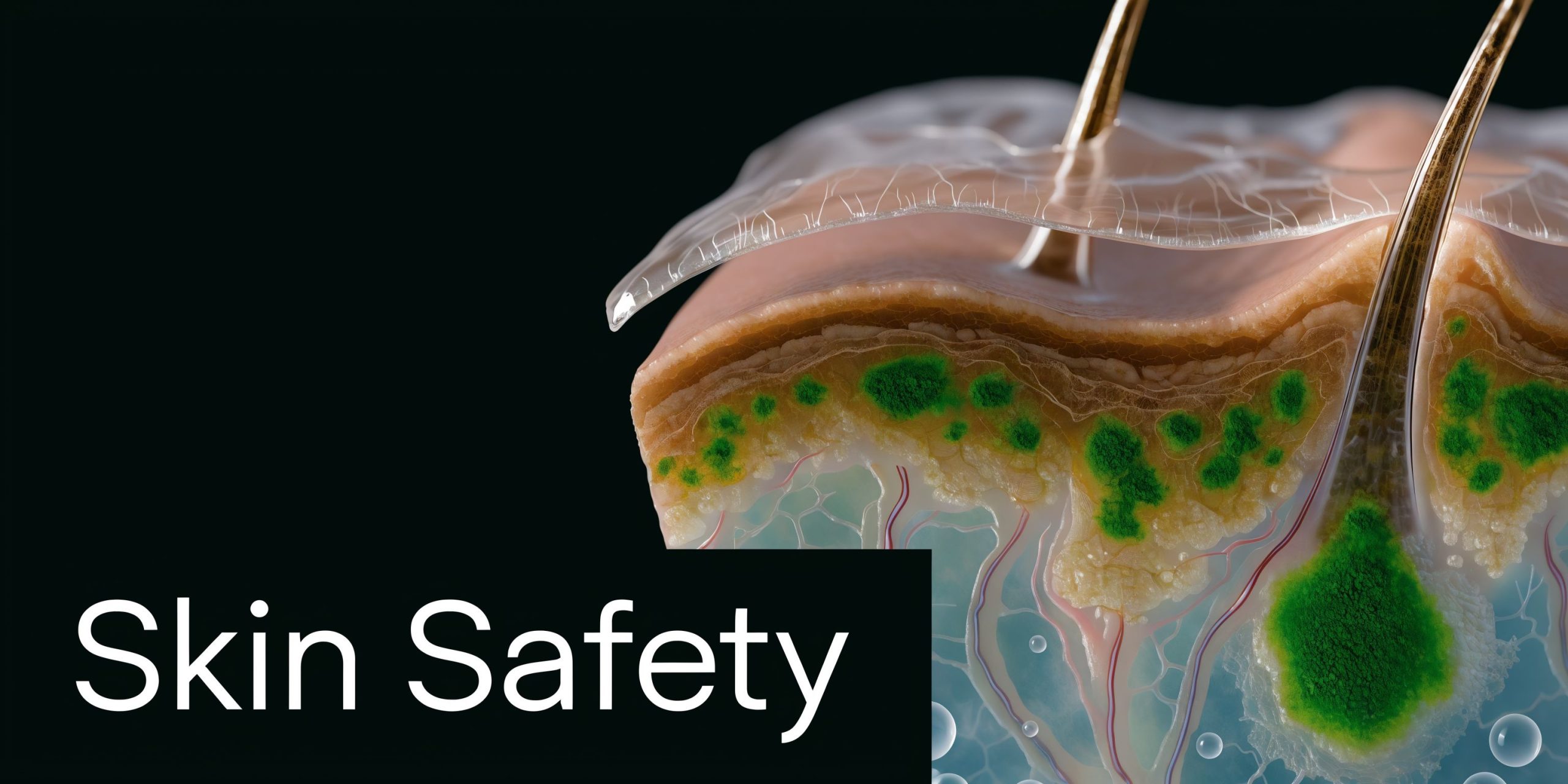 A 3D medical illustration showing a cross-section of human skin with tattoo ink particles being removed.