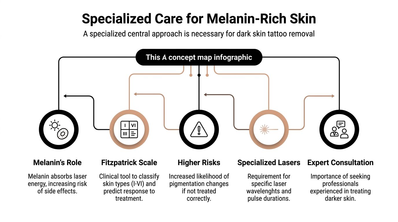 A concept map infographic highlighting key considerations for safe tattoo removal procedures on melanin-rich skin types.