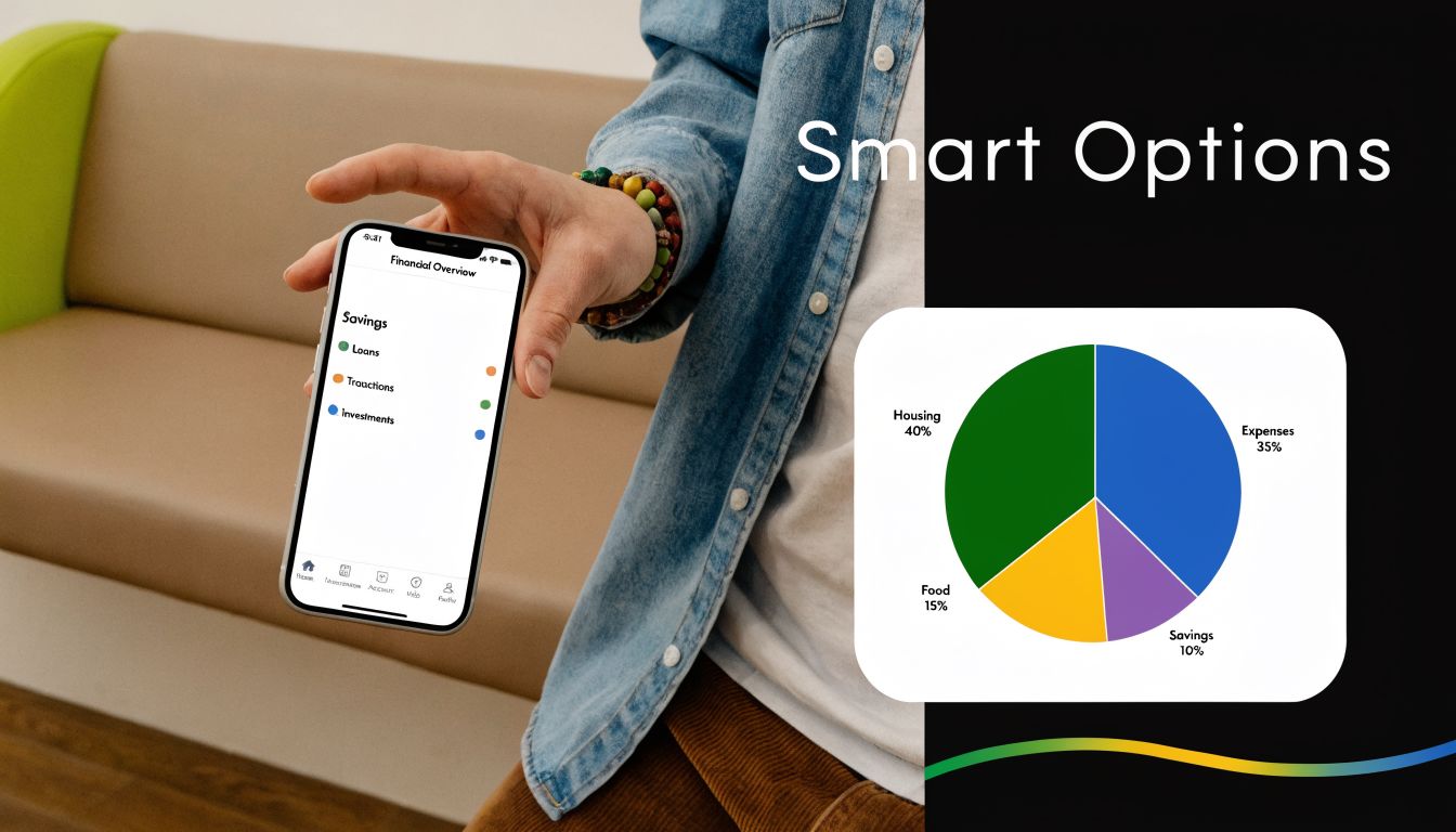 A person holding a smartphone showing a financial app next to a pie chart about budget allocation.