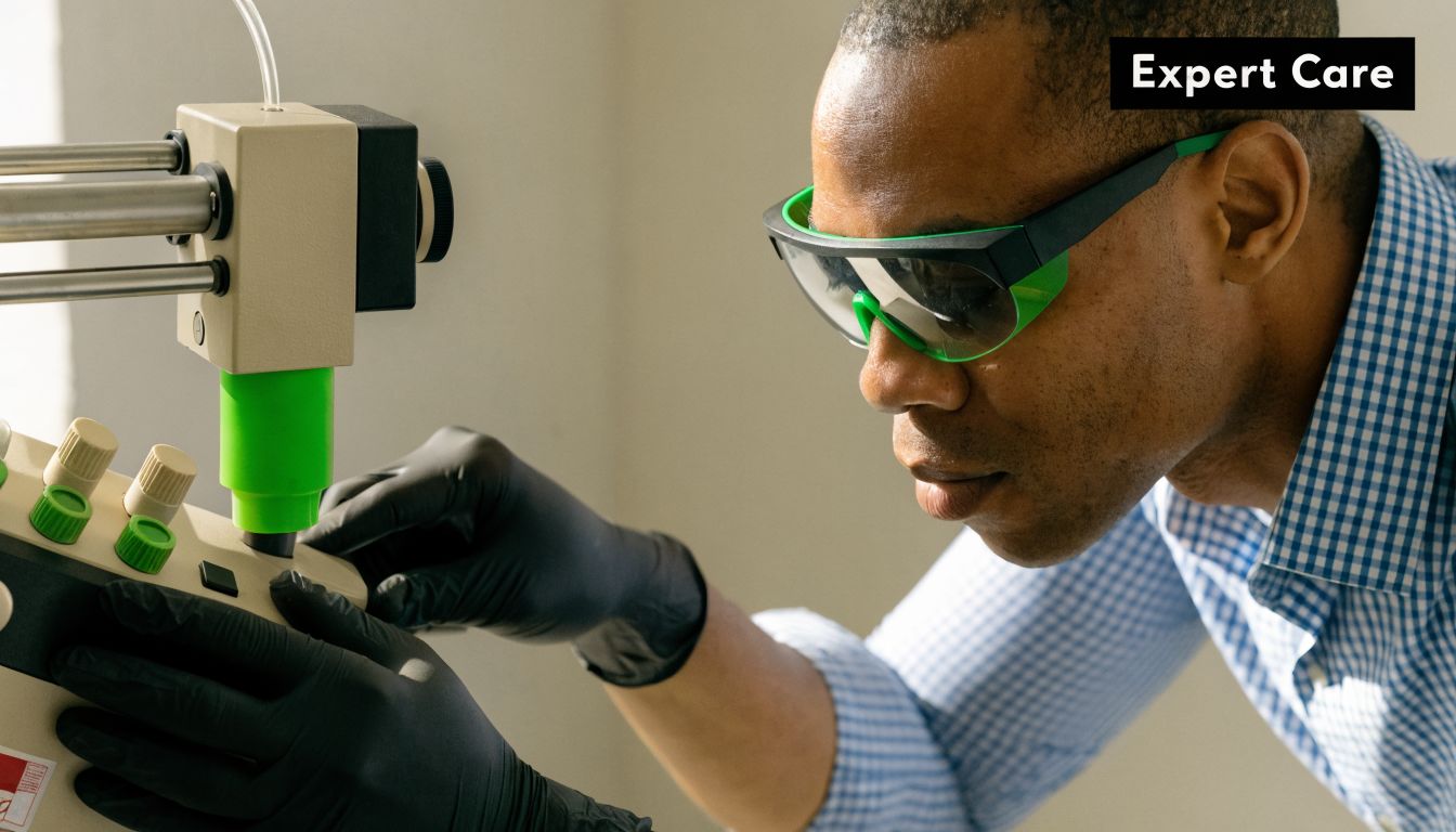 A technician wearing safety goggles and black gloves operates professional laser tattoo removal equipment for treatment.