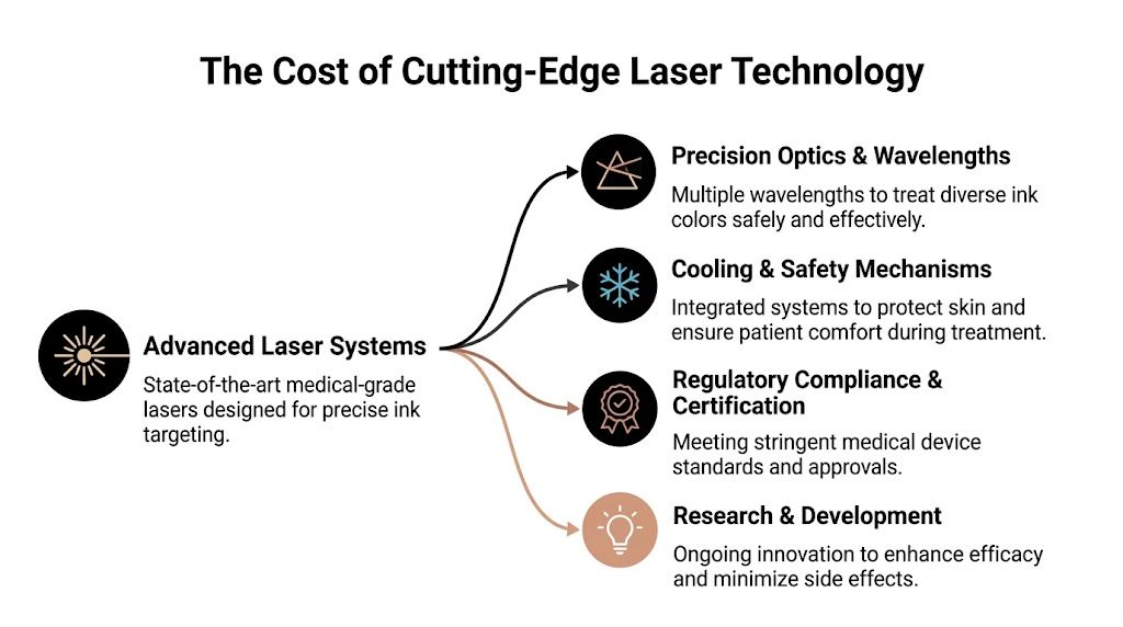 A diagram explaining factors contributing to the high cost of advanced medical-grade laser tattoo removal technology.