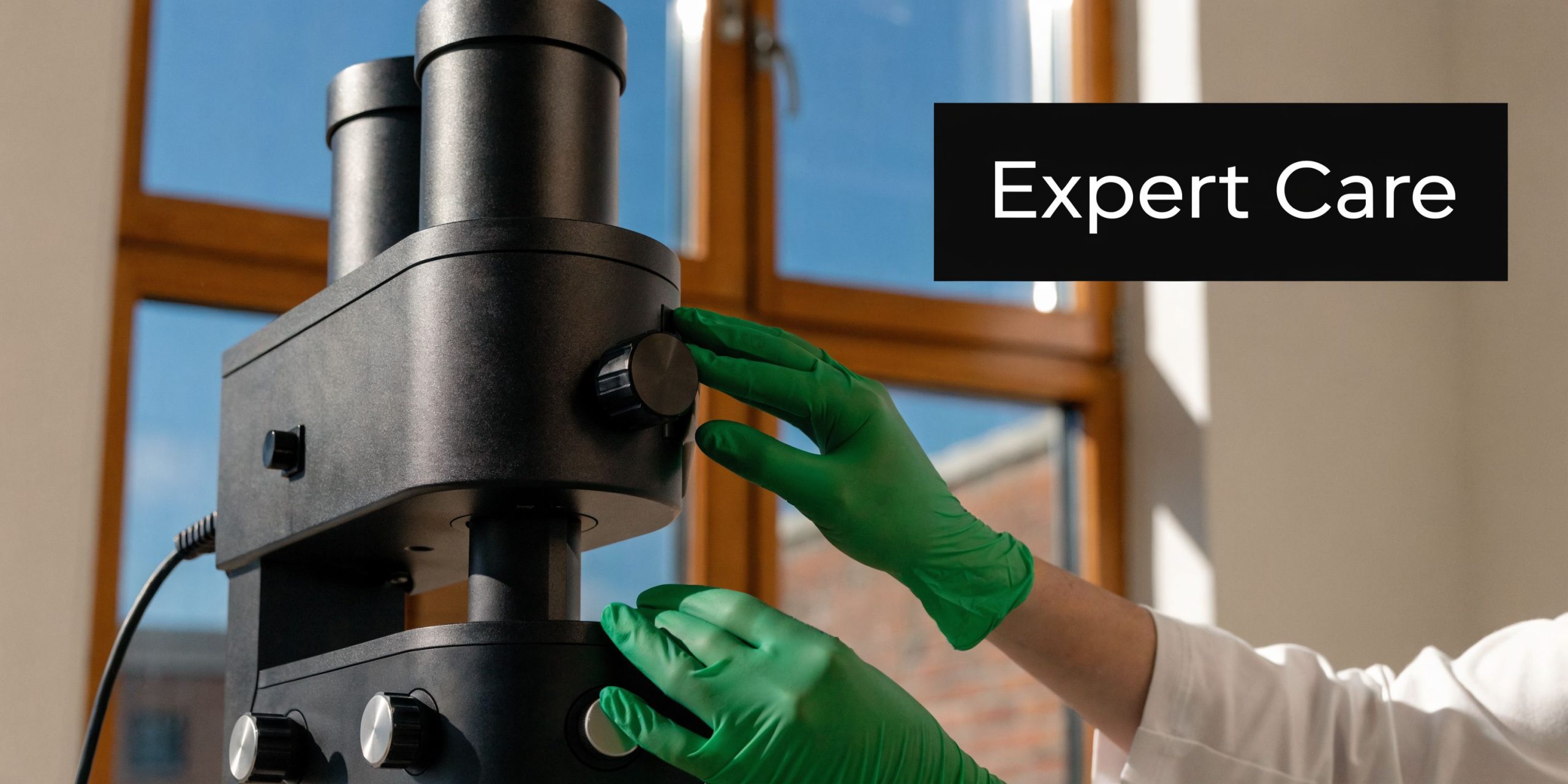 A laboratory technician in green gloves precisely adjusting a professional microscope for detailed medical or scientific examination.